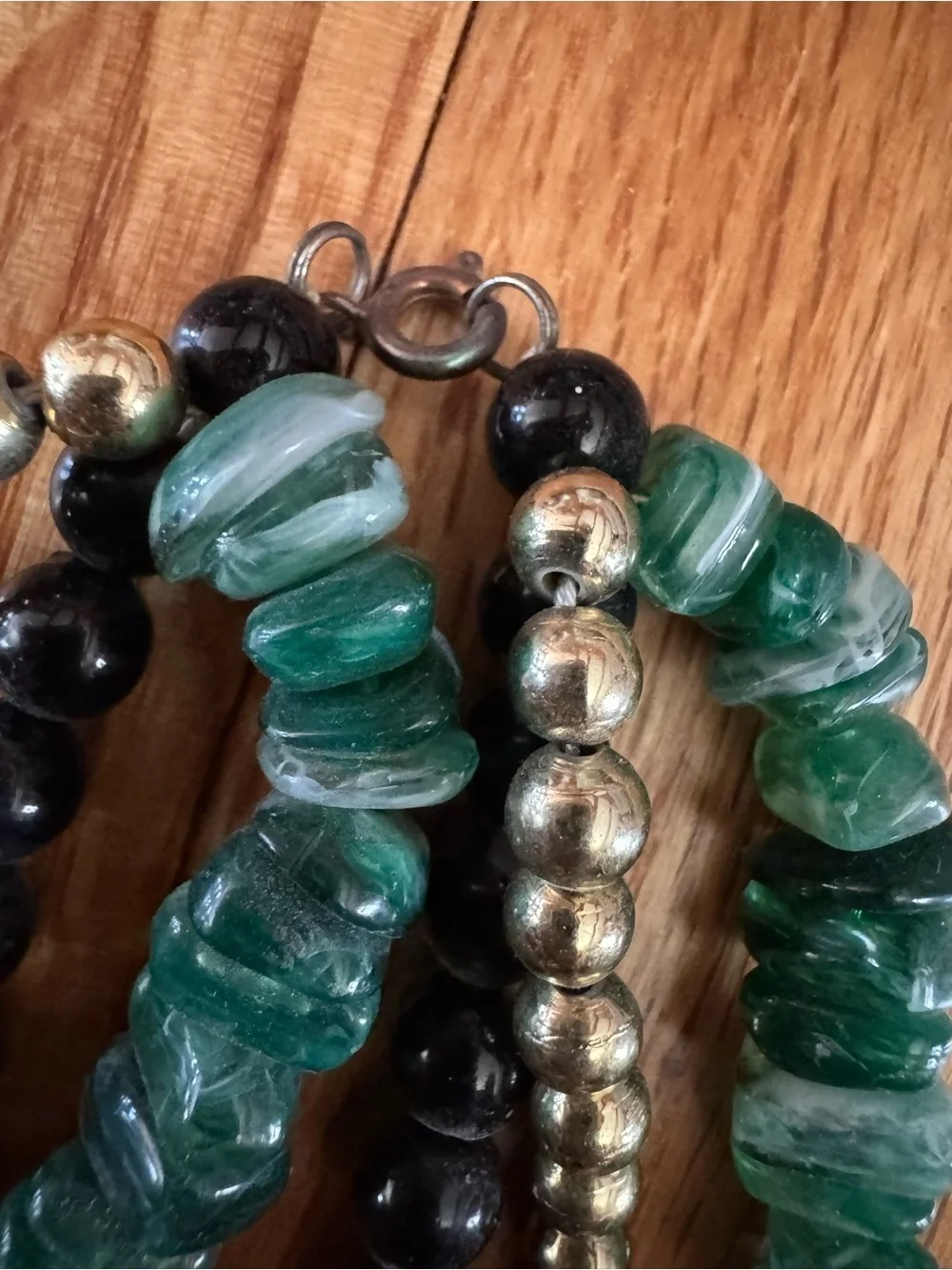 Vintage Multi-Strand Green, Black & Gold Beaded Necklace - Women Jewelry